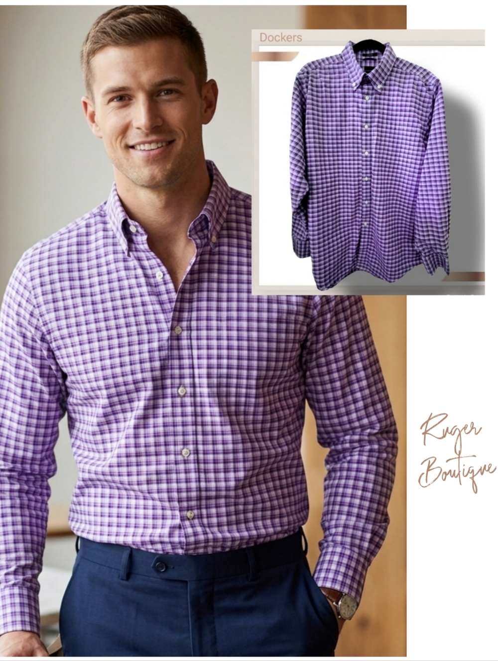 🌿Dockers Mens Large Lavender Plaid Shirt Classic Fit Button Down Shirt